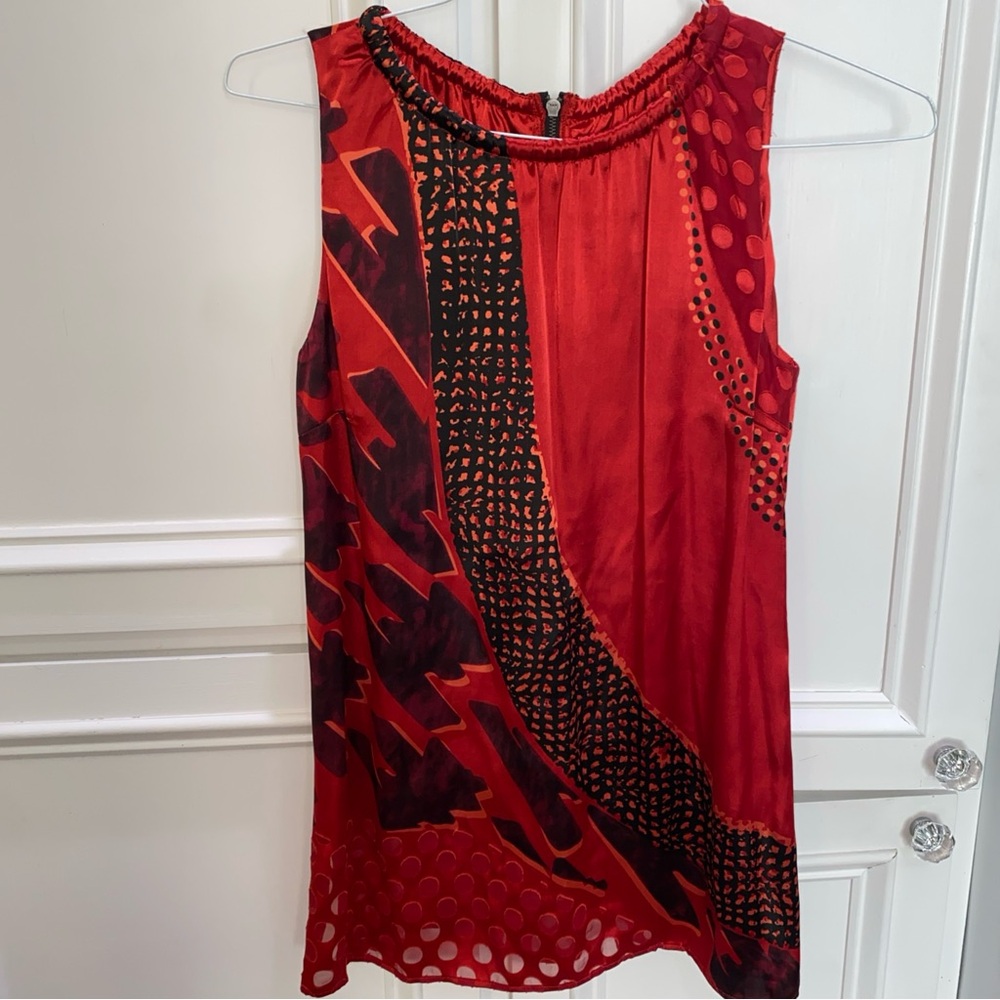 CAbi Red and Black Abstract Sleeveless Silk Satin Tunic